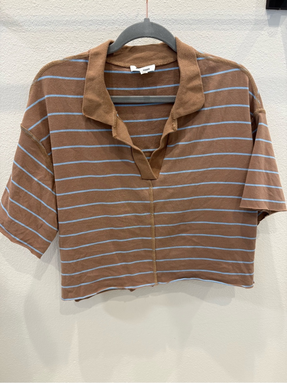DAY + MOON Brown & Light Blue Striped Lounge Set - Cropped Polo Top & Shorts - Picture 3 of 3